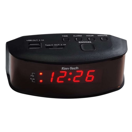 Reloj Despertador Sonnet T-1958 con 2 Puertos USB-A y 2 Puertos USB-C, Negro